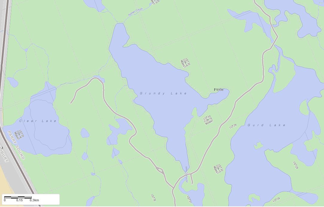 Crown Land Map of Grundy Lake in Municipality of Unincorporated and the District of Parry Sound